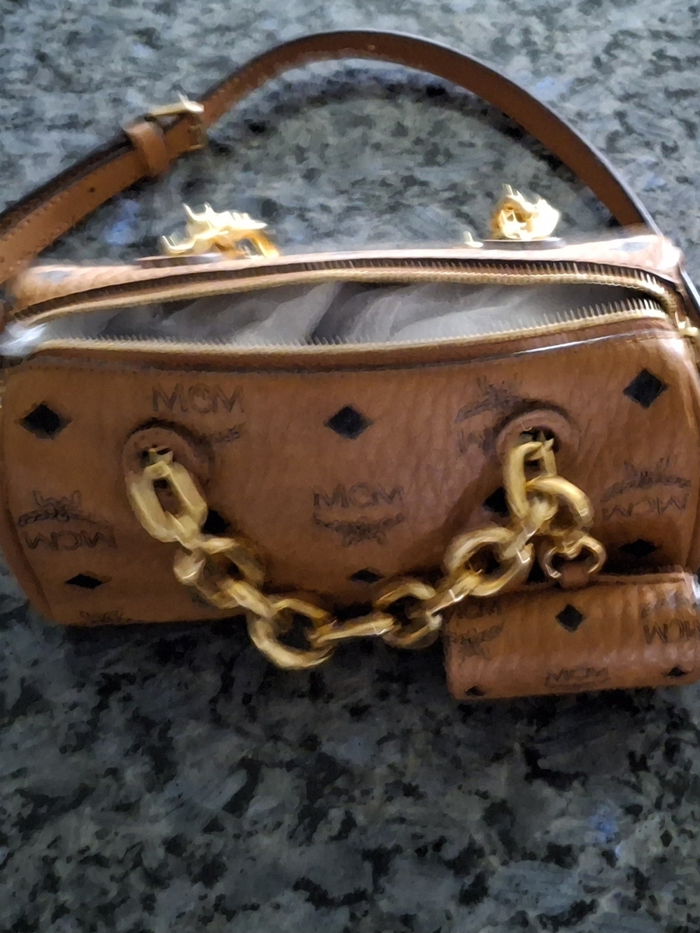 MCM Cognac Visetos Leather Chain Shoulder Bag, Small Coin Purse Attached - Picture 1 of 10